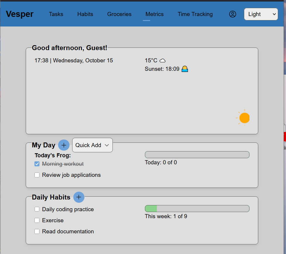 Screenshot of Project Vesper dashboard
